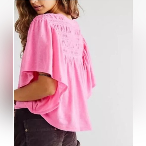 Free People Ruffled Up Women's Grey Smocked Short Sleeve Linen Blend Top Size XS - Picture 1 of 5